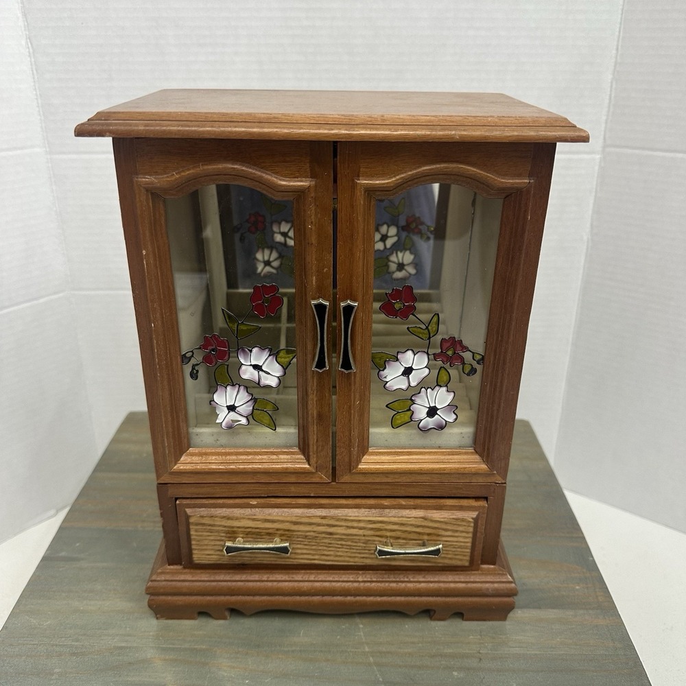 Vintage Wooden Jewelry Music Box Armoire Necklace Carousel Stained Glass Doors